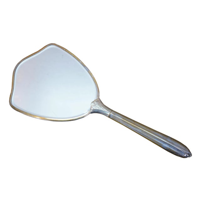 Antique Art Deco Etched Silverplate Floral Heart Hand Vanity Mirror 14" For Sale