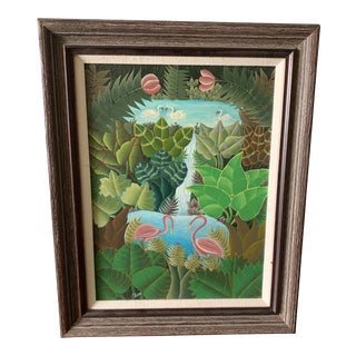 Original Signed Haitian Tropical Flamingo Painting For Sale