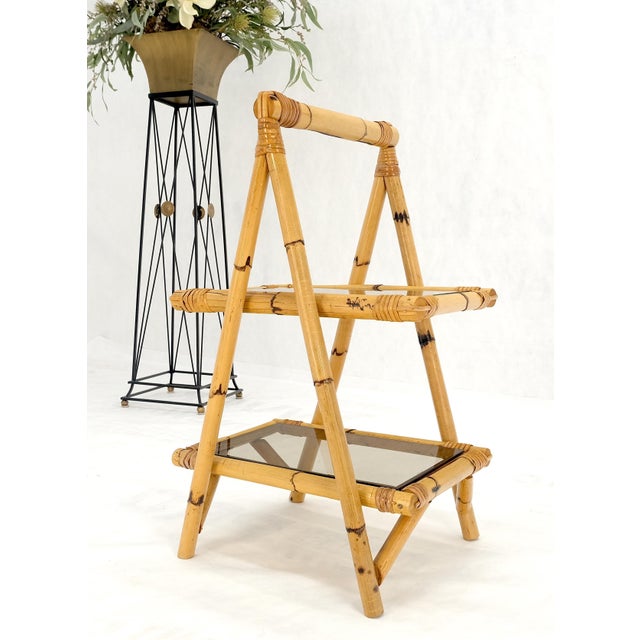 Brown Smoked Glass Two Tier Burnt Bamboo Top Handle Occasional Side Table Stand For Sale - Image 8 of 11