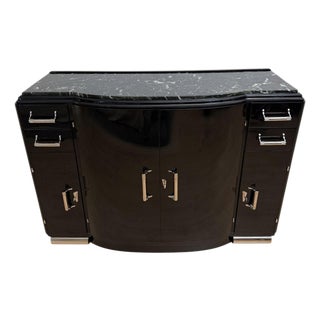 Art Deco Sideboard in Black Lacquer, Nickel, Marble, and Mahogany, France, 1930s For Sale
