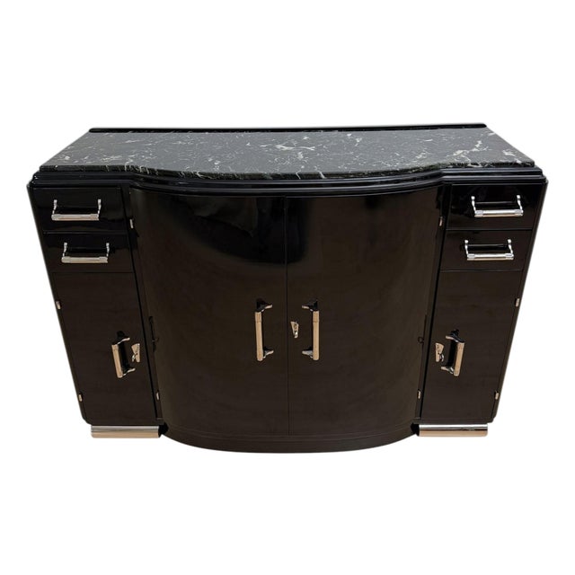 Art Deco Sideboard in Black Lacquer, Nickel, Marble, and Mahogany, France, 1930s For Sale