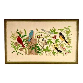 Vintage Garden Birds Crewel Needlepoint Embroidery Framed Artwork For Sale