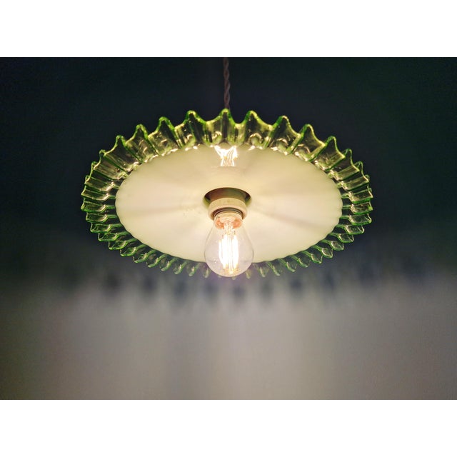Art Deco Pendant Light in White Opaline Glass and Uranium Glass, France, 1920s For Sale - Image 10 of 12