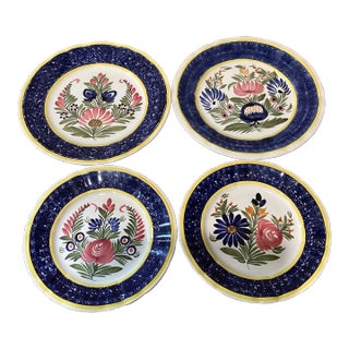 Vintage Mid 20th Century HB Quimper Hand Painted French Faience Plates - Set of 4 For Sale