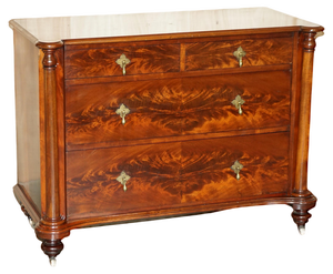 Antique Victorian Flamed Mahogany Chest of Drawers with Porcelain Castors, 1860
