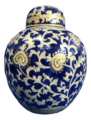 Large Cobalt Blue and Gold Lidded Ginger Jar, Chinese Porcelain, Late 20th Century