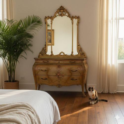 Venetian Baroque chest of drawers painted with floral arrangements and framed with leafy motifs and scrolls. Double-...