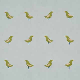 Sample - Schumacher Birds Print Wallcovering In Green On Sky For Sale