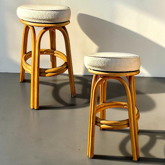 Mid-Century Modern Rattan Double Strand Arched Barstool With Ivory Upholstered Plush Seat, Pair For Sale - Image 3 of 12
