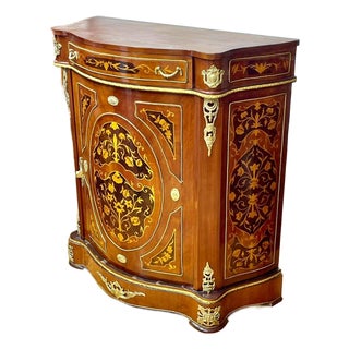 French-Style Marquetry Cabinet – Floral Inlay, Marble Top & Ornate Bronze Mounts For Sale