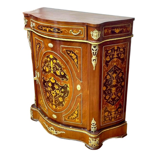 French-Style Marquetry Cabinet – Floral Inlay, Marble Top & Ornate Bronze Mounts For Sale