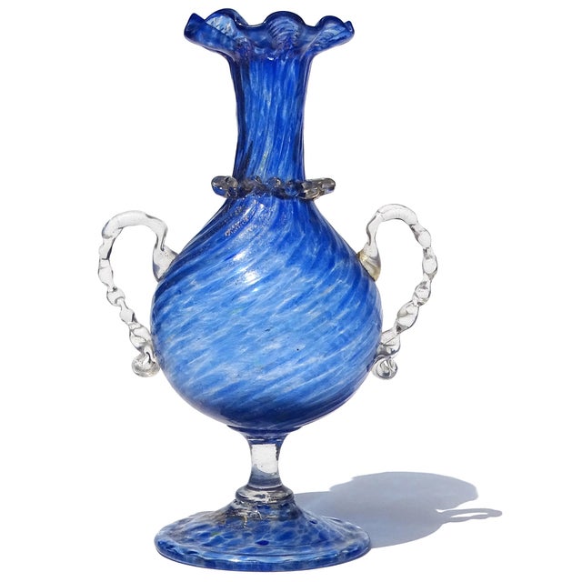 Beautiful antique, Venetian early Murano hand blown sapphire blue, with gold flecks, Italian art glass flower vase. The...
