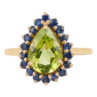 Peridot Blue Sapphire Halo Green 14k Gold Ring Size 4, Fine Jewelry by VRJewels For Sale