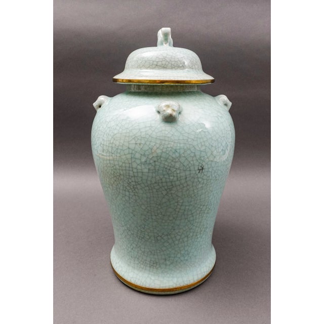 Mid-Century Modern Mid 20th Century Maitland Smith Celadon Crackle Glazed Porcelain Foo Dogs Large Lidded Ginger Jar For Sale - Image 3 of 10
