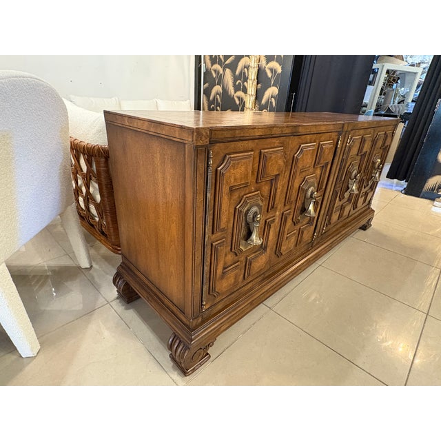 Vintage Mastercraft Credenza Sideboard 1970s Burl Wood & Brass Tassel Pulls For Sale - Image 12 of 17