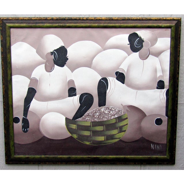 Original oil on canvas painting, signed Nini at the lower right. This striking modern folk-art style composition features...