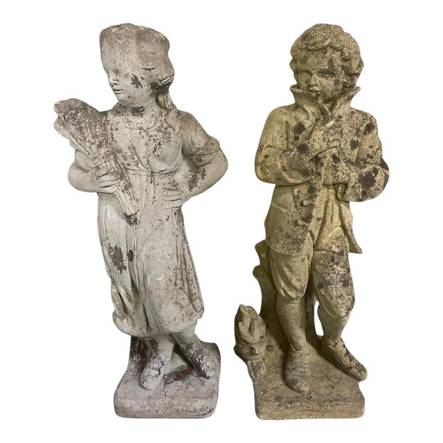 Pair of Vintage Weathered Cast Stone "Country Life" Garden Statues For Sale
