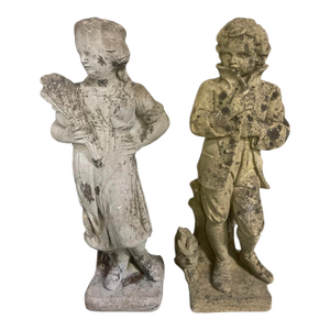 Pair of Vintage Weathered Cast Stone "Country Life" Garden Statues