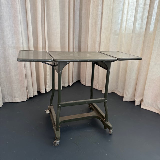 Mid-Century Modern Mid 20th Century Industrial Metal Rolling Typewriter Stand Drop Leaf Table For Sale - Image 3 of 8