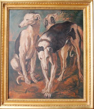"Three Greyhounds" Contemporary Hunting Scene Painting by Jonathan Adams, Framed