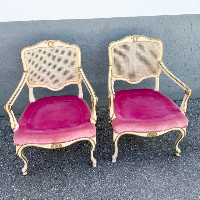 Mid 20th Century Vintage French Provincial Pink Velvet and Cain Back Chairs - A Pair For Sale - Image 5 of 11