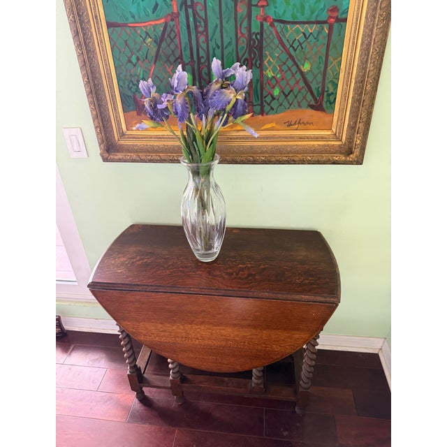 English Antique Solid Oak English Drop Leaf Barley Twist Table For Sale - Image 3 of 10