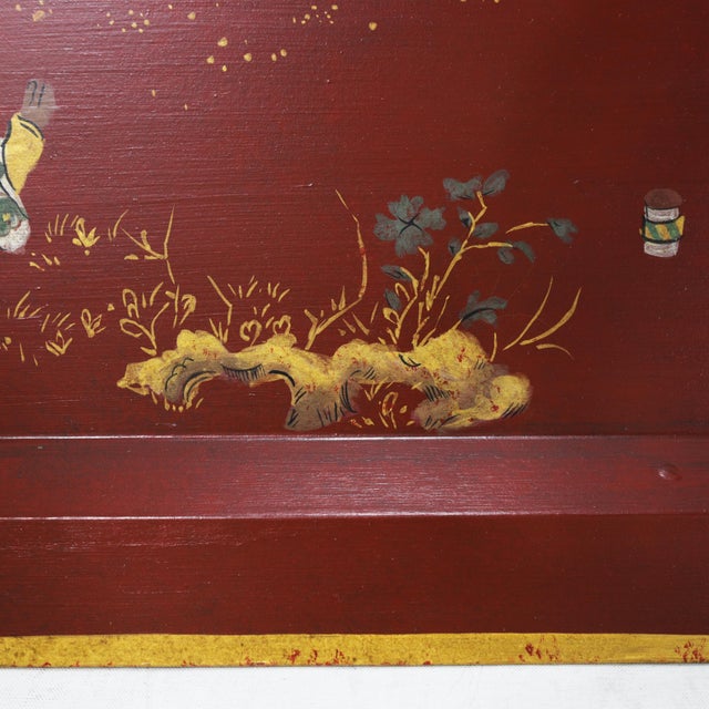 Vintage Red Lacquer Rectangular Tray With Hand Painted Gold Asian Festival Scene and Chinoiserie Style For Sale - Image 11 of 13
