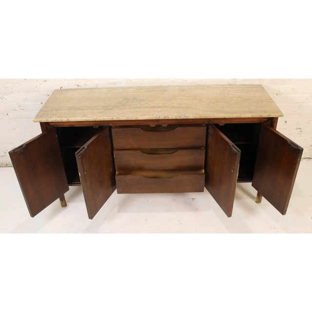 Mid 20th Century Travertine Topped Walnut Credenza in the Hollywood Regency Style For Sale In New York - Image 6 of 16