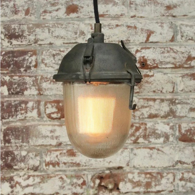 Vintage Industrial Pendant Light in Grey and Clear Striped Glass For Sale - Image 5 of 6