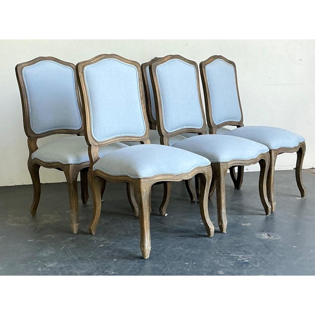 Sky Blue Vintage Carved Wood Dining Chairs With Blue Upholstery - Set of 6 For Sale - Image 8 of 13