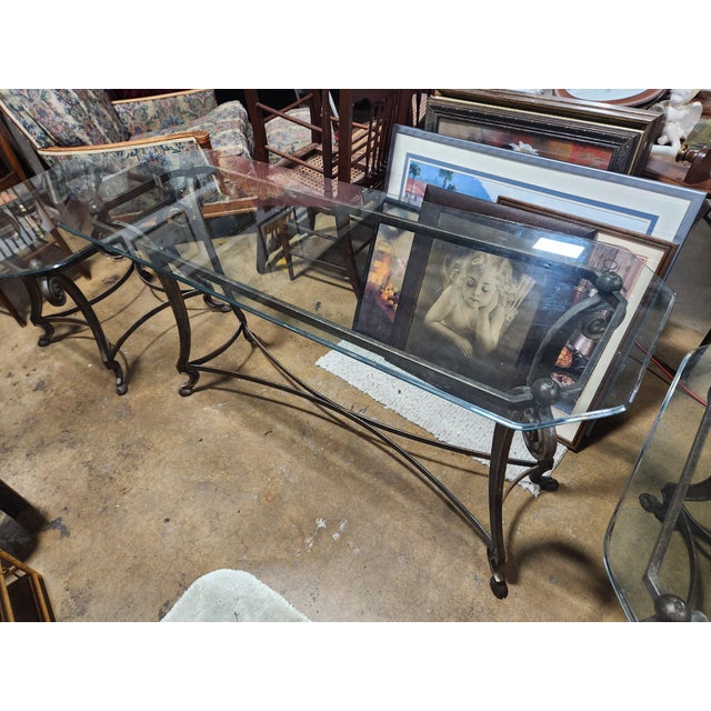 Contemporary 1980s Contemporary Scalloped Glass & Wrought Iron Set of Tables For Sale - Image 3 of 12