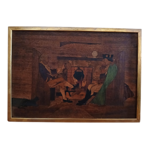 Vintage Hand Painted Hand Carved Inlay Wood Panel
