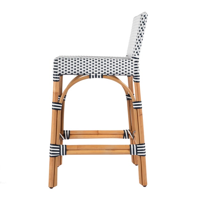 Serienna 24.5 in. Seat Height Rectangular Rattan Low Back Counter Stool, White/Navy Dot / Natural Rattan Frame For Sale In Chicago - Image 6 of 9
