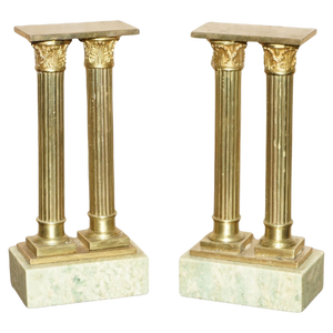 Antique Victorian Marble & Brass Roman Grand Tour Statue Columns Pillars, Set of 2
