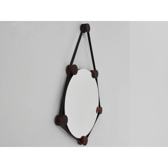 Brutalist Italian Rosewood Mirror and Leather by Edoardo Paoli for Arform, 1959 For Sale - Image 3 of 5
