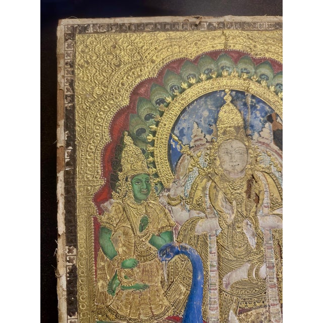 19th C Indian Thanjavur Tanjore Painting Gold Gilt Murugan on His Peacock Antique Multimedia Collage South India For Sale - Image 13 of 16