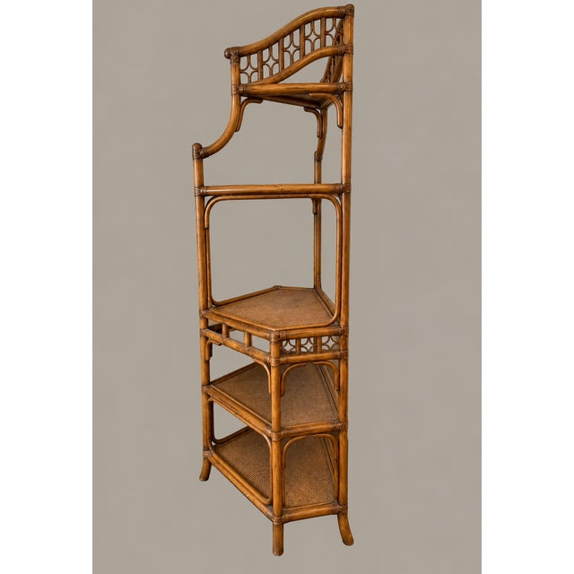 Chinoiserie Vintage Rattan and Wicker Five Tier Pagoda Etagere With Fretwork For Sale - Image 3 of 9