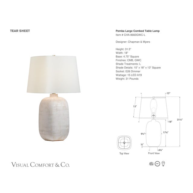 Chapman & Myers by Visual Comfort Signature Pemba Large Combed Table Lamp in Glossy White Crackle with Linen Shade...