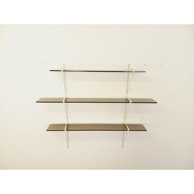 Large Vintage Wall Shelf in Smoked Glass and White Metal, String Tomado Style, from the 1960s, 1970s For Sale - Image 11 of 17