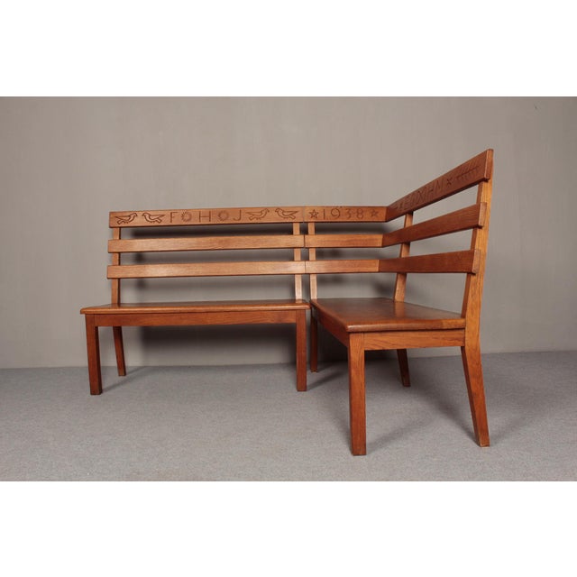 Alpine Corner Bench in Oak with Christian Symbolism, 1930s, Set of 2 For Sale - Image 6 of 18
