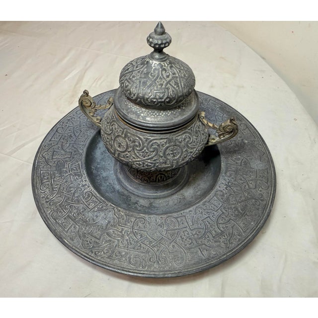 Large Antique Ornate 19th Century Victorian Metal Bronze Desk Inkwell Stand Jar For Sale - Image 9 of 13