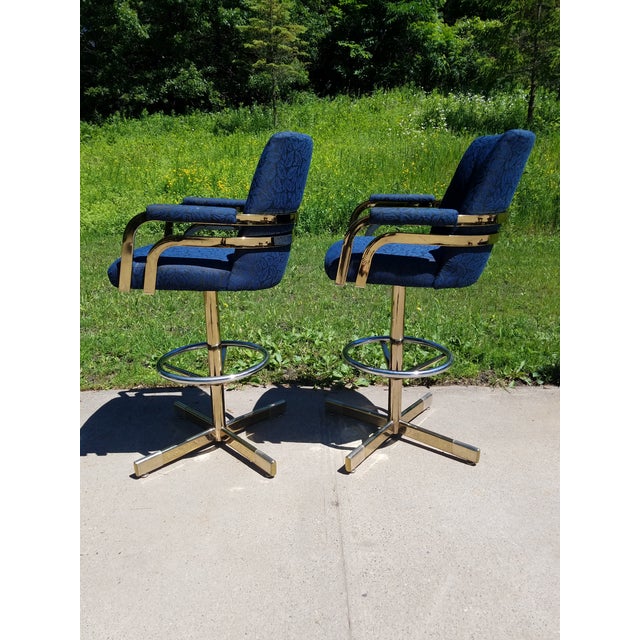 Late 20th Century Mid-Century Modern Milo Baughman Brass Frame Swivel Base Bar Stools - a Pair For Sale - Image 5 of 13