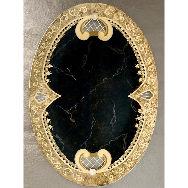 Excellent Pre-Owned Condition. Elegant verre eglomisé-style reverse painted oval glass tray by Diana Gaikazova. The glass...