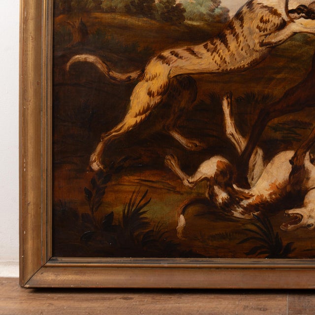 Mid-19th Century rendition of "The Stag Hunt." At almost 5' wide and over 3' high, this original oil on canvas painting...