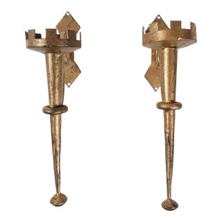 Vintage Gilt Gothic Style Candle Sconces, a Pair For Sale