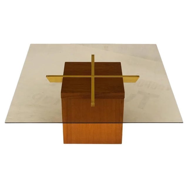 Teak Cube & Brass X Base Danish Modern Bronze Smoked Square Glass Coffee Table For Sale - Image 13 of 13