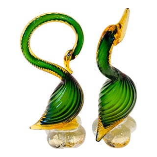 1960s Pair of Mid Century Murano Geese Green and Gold Spiral Glass Sculptures For Sale