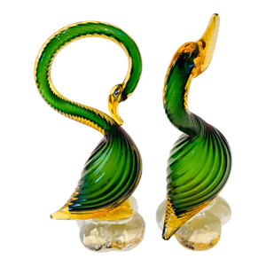1960s Pair of Mid Century Murano Geese Green and Gold Spiral Glass Sculptures