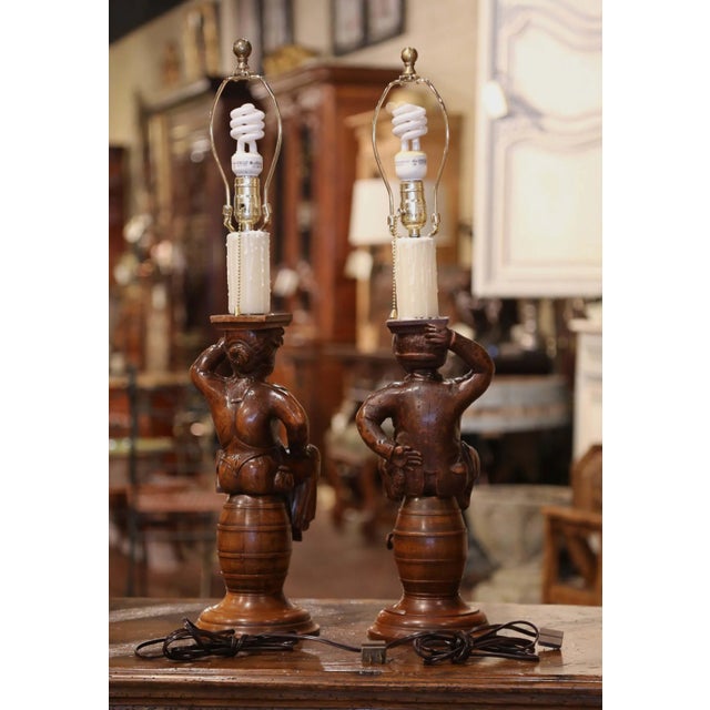19th Century French Carved Walnut Cabaret Figures Lamp Bases - a Pair For Sale - Image 9 of 13