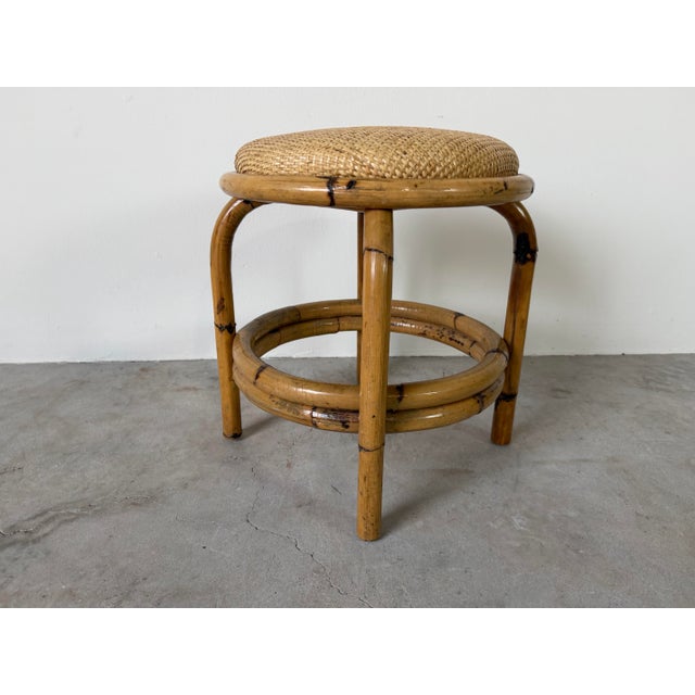 Vintage Coastal Bamboo & Woven Wicker Round Ottoman For Sale - Image 4 of 12